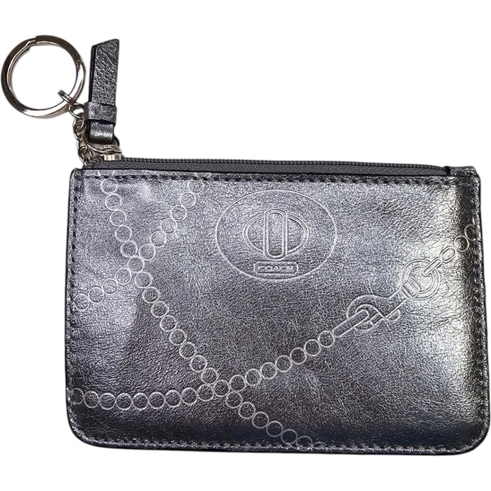 Coach Metallic Gunmetal Silver‎ Leather Keychain Card Case Turn Lock Chain Print